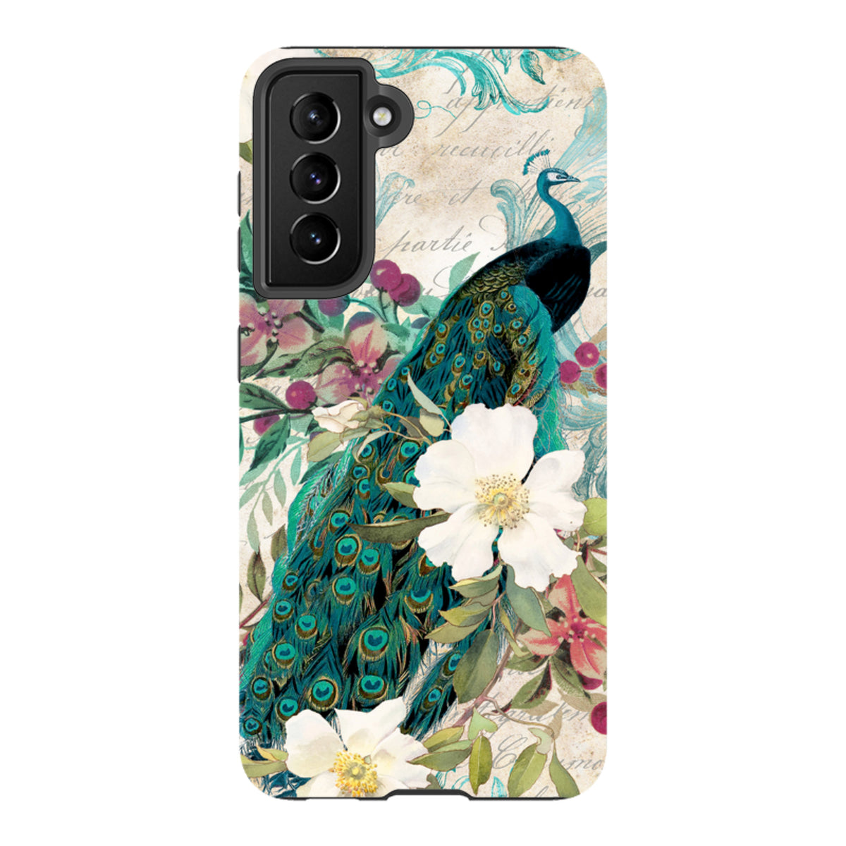 Samsung Galaxy tough case featuring a vibrant peacock and white floral design on a vintage-style background.