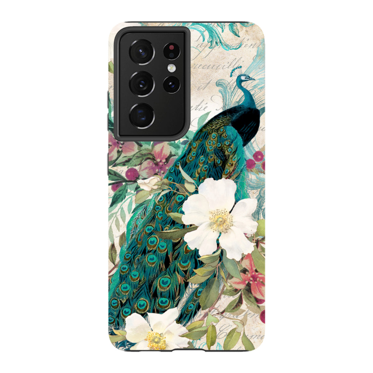 Samsung dual-layer phone case featuring a vibrant peacock and white flower design on a vintage-style background.