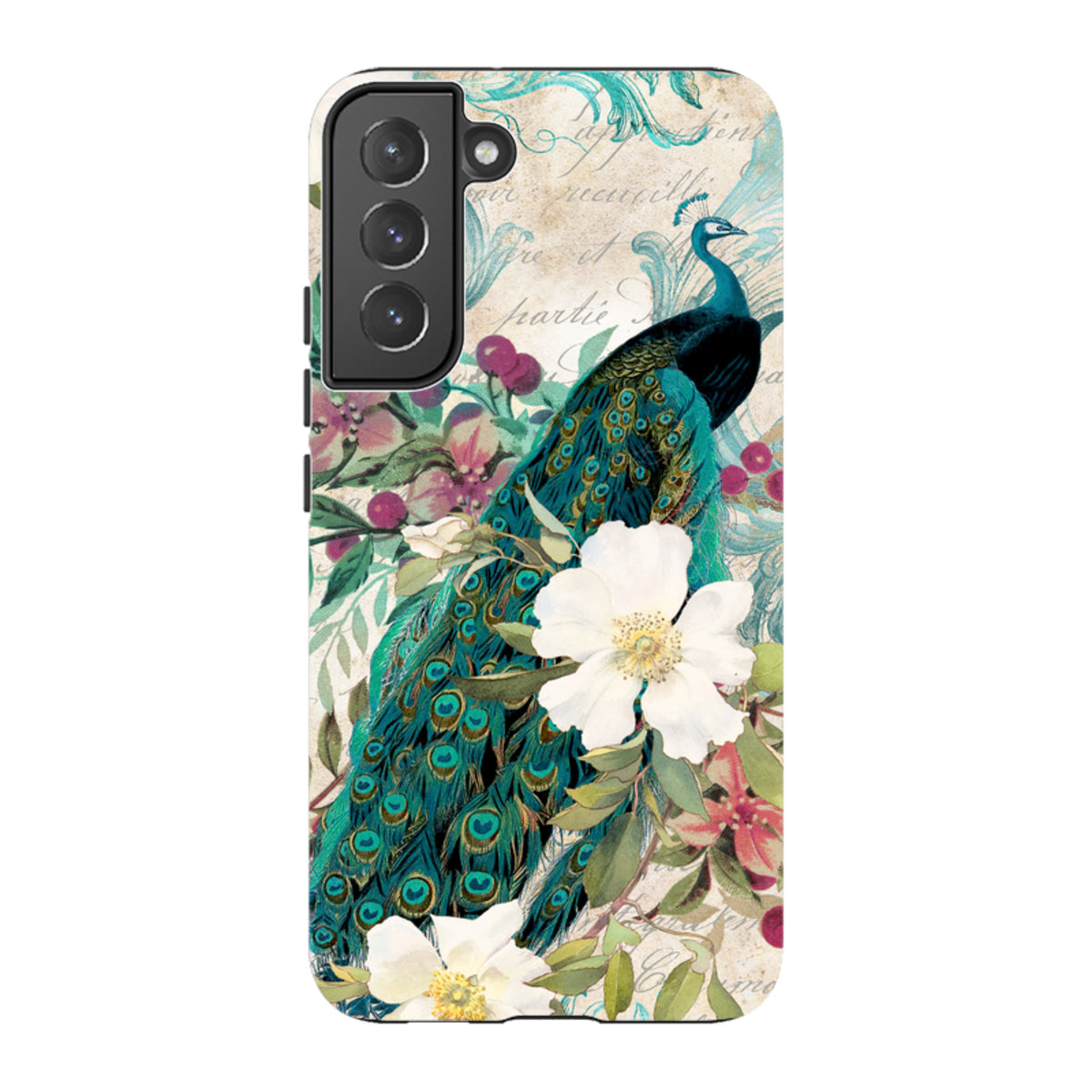 Samsung Tough Case featuring a vibrant peacock and floral design with script text on a dual-layer protective phone cover.