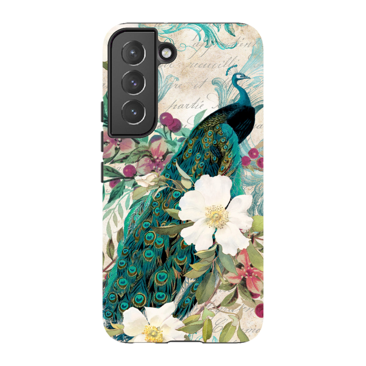 Samsung Tough Case featuring a vibrant peacock and floral design on a vintage-style background with dual-layer protection.