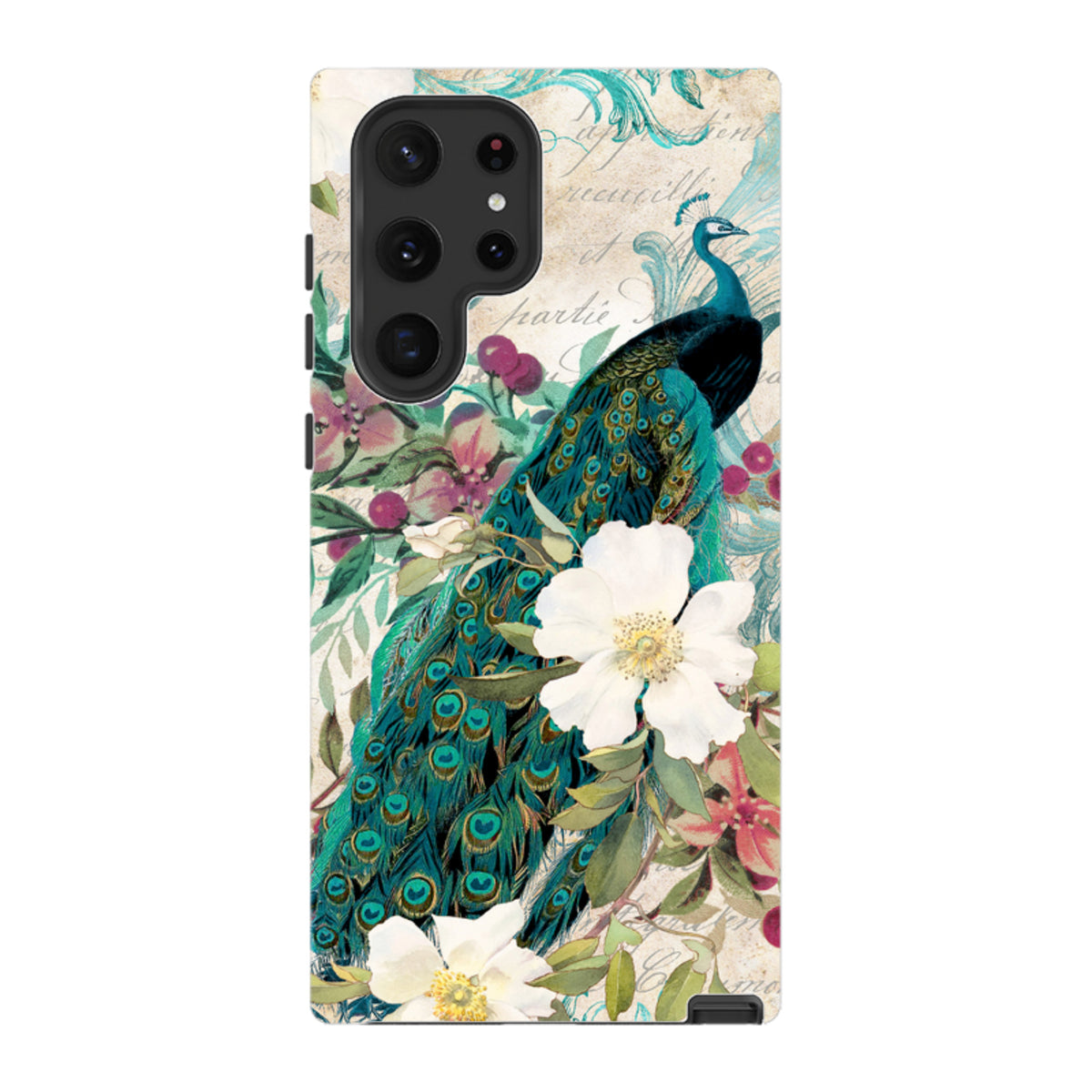 Samsung Tough Case featuring a vibrant peacock and white floral design on a dual-layer protective phone cover.