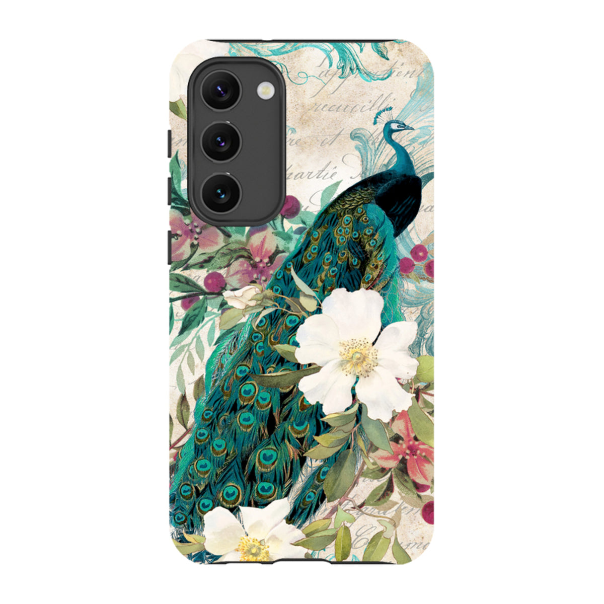 Samsung tough phone case featuring a vibrant peacock and white flower design on a vintage-style background.