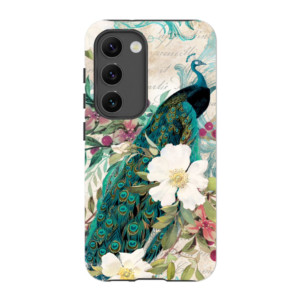 Samsung Tough Case featuring a vibrant peacock and white flower design on a dual-layer protective shell.