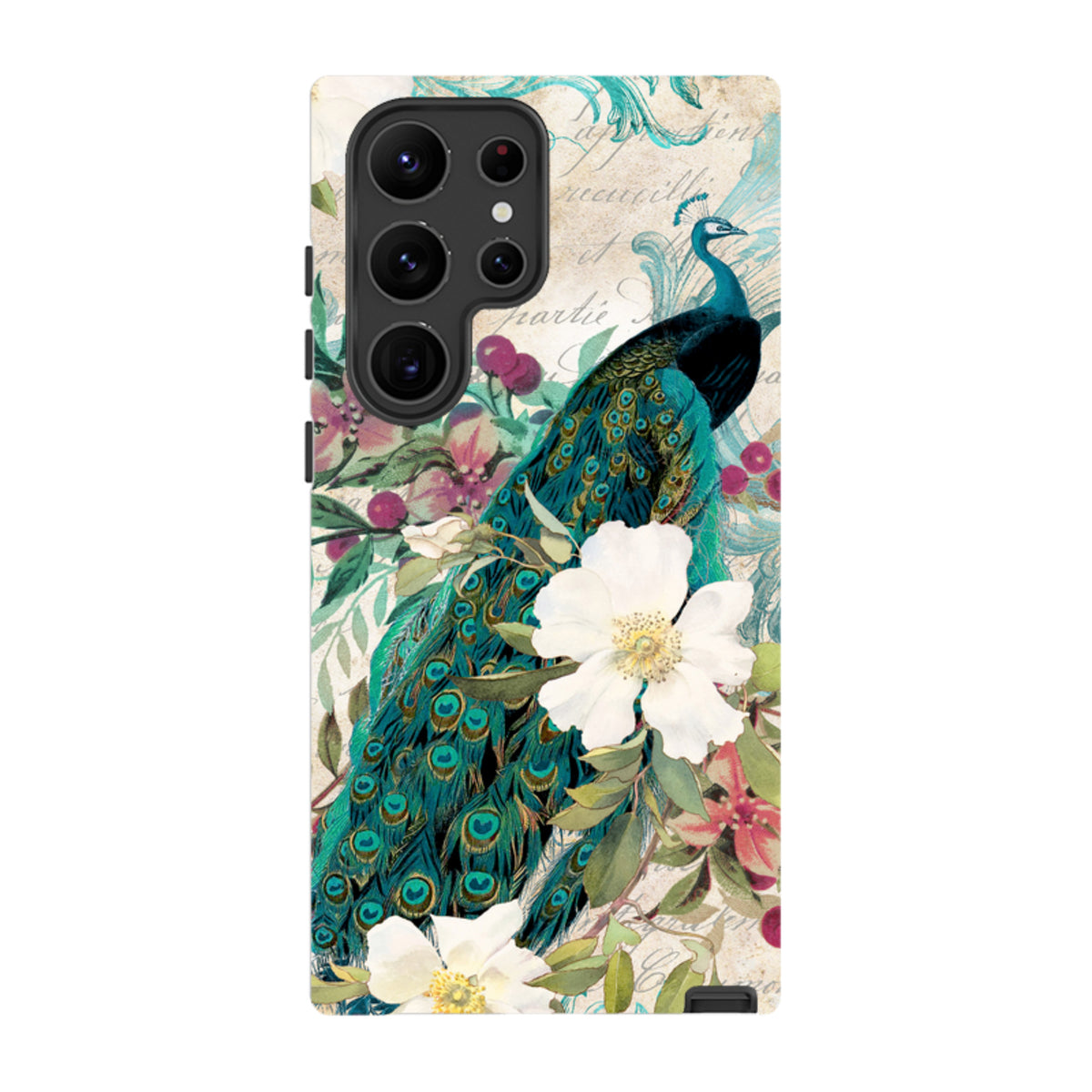 Samsung Galaxy tough case featuring a vibrant peacock and white flower design on a vintage-style background.