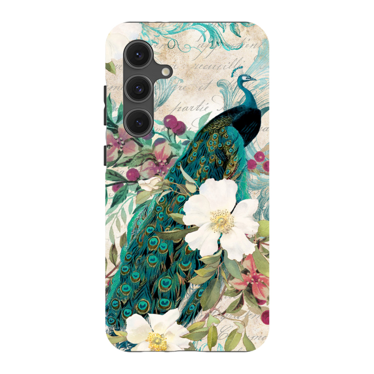 Samsung Tough Case featuring a vibrant peacock and floral design on a vintage-style background with dual-layer protection.