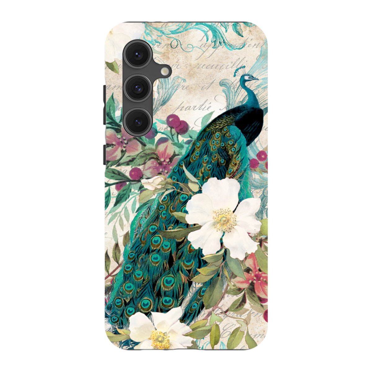 Samsung Tough Case featuring a vibrant peacock and white floral design on a dual-layer protective shell.