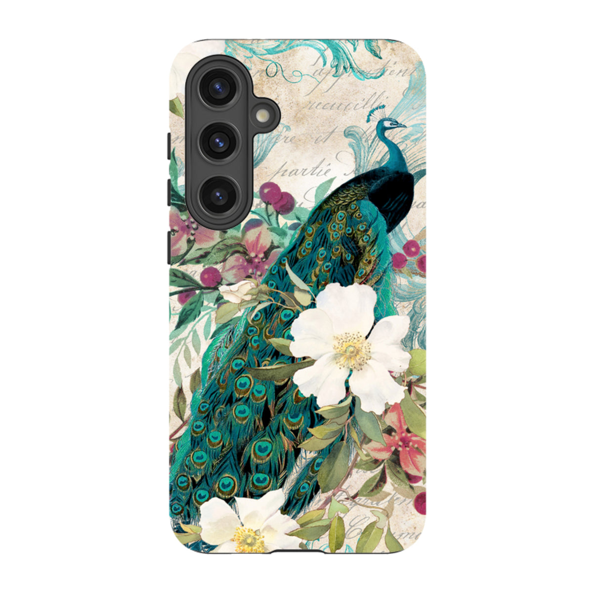 Samsung Tough Case featuring a vibrant peacock and floral design on a dual-layer protective shell for Galaxy devices.