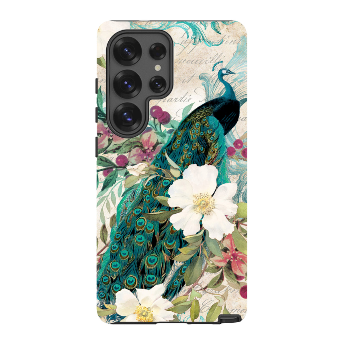 Samsung Tough Case featuring a vibrant peacock and white flower design on a vintage-style background for Galaxy phones.