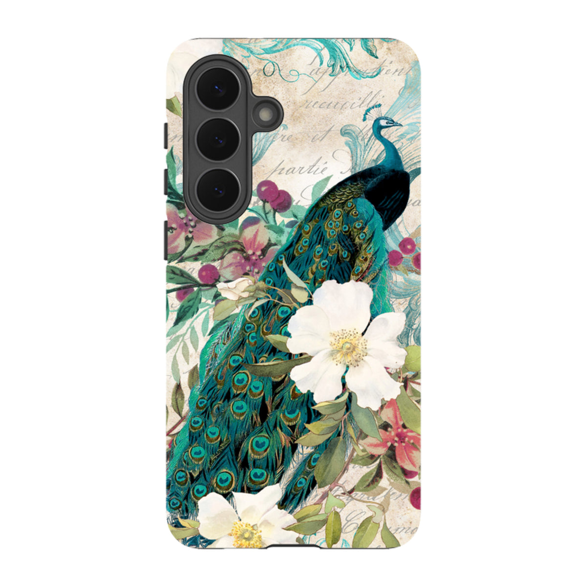 Samsung Tough Case featuring a vibrant peacock and white flower design on a vintage-style, dual-layer protective shell.