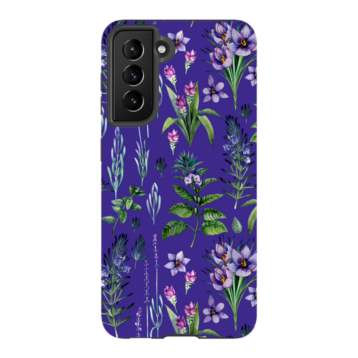 Samsung Tough Case featuring a vibrant purple background with detailed botanical floral illustrations and a camera cutout.