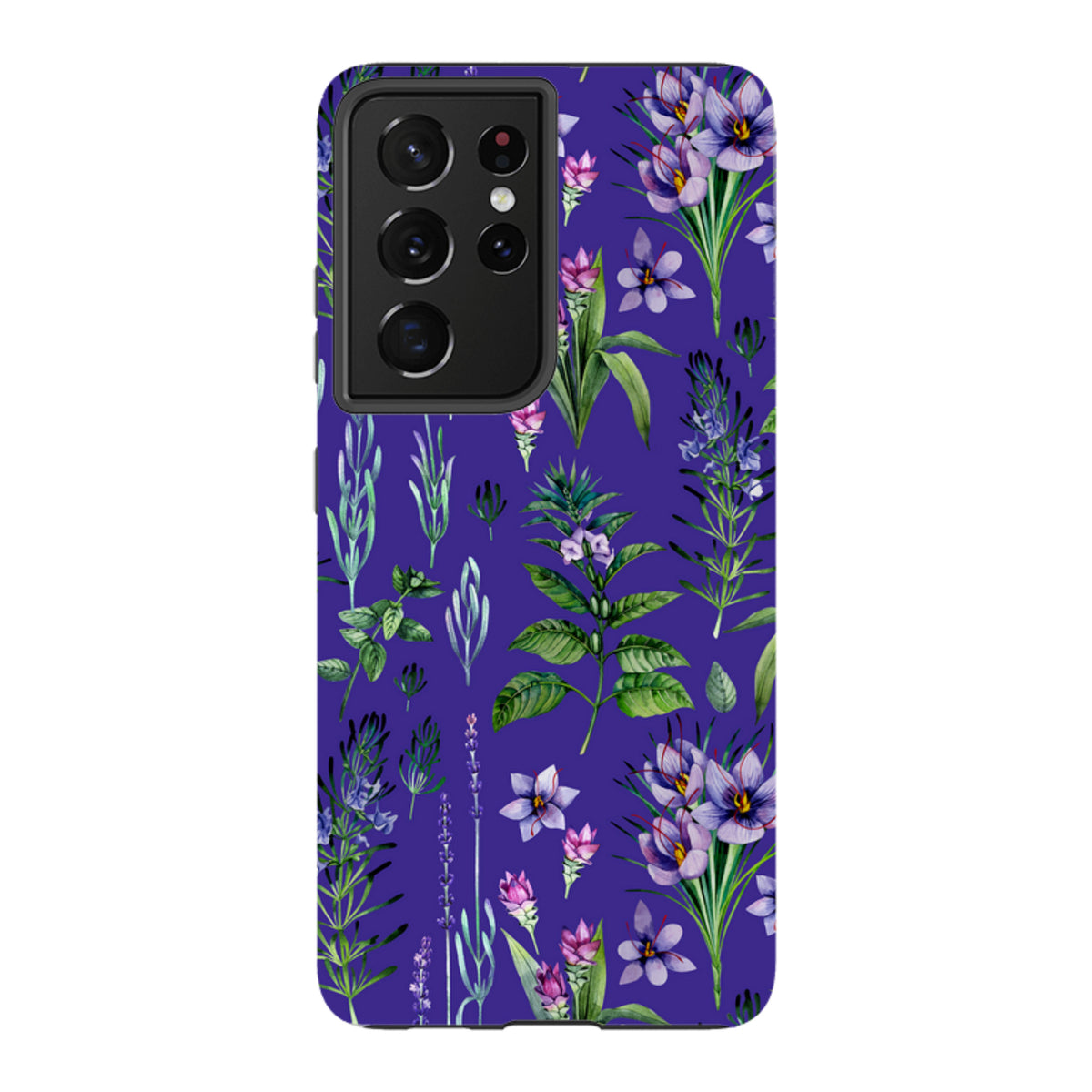 Samsung Tough Case featuring a vibrant purple background with a detailed botanical floral and herb pattern.