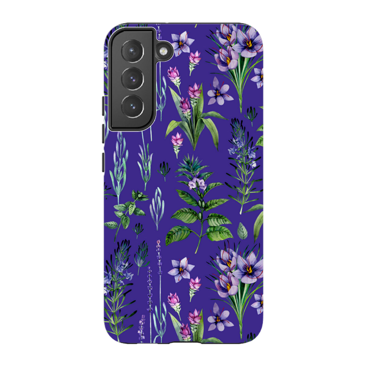 Samsung Tough Case with a vibrant purple background featuring a detailed botanical floral pattern and dual-layer protection.