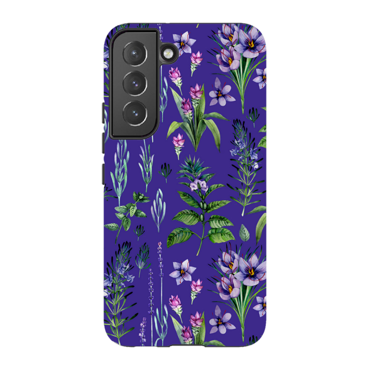 Samsung Tough Case featuring a vibrant purple background with a detailed botanical floral pattern and dual-layer protection.