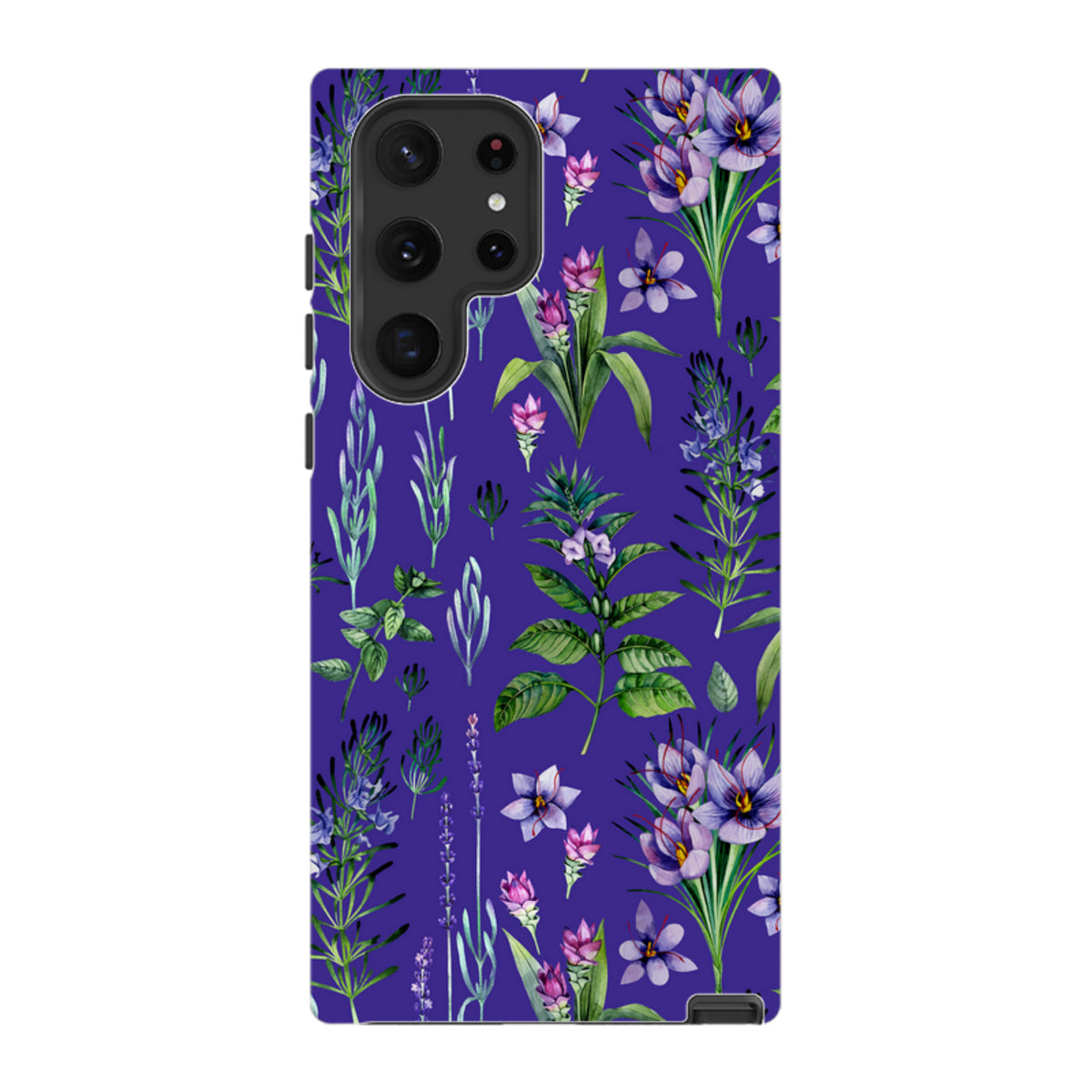 Samsung Tough Case featuring a vibrant purple background with a detailed botanical floral and herb watercolor print.