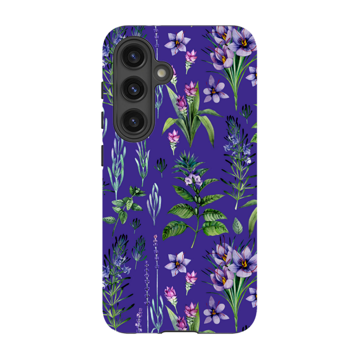 Samsung Tough Case featuring a vibrant purple background with a detailed botanical floral pattern and triple-lens camera cutout.