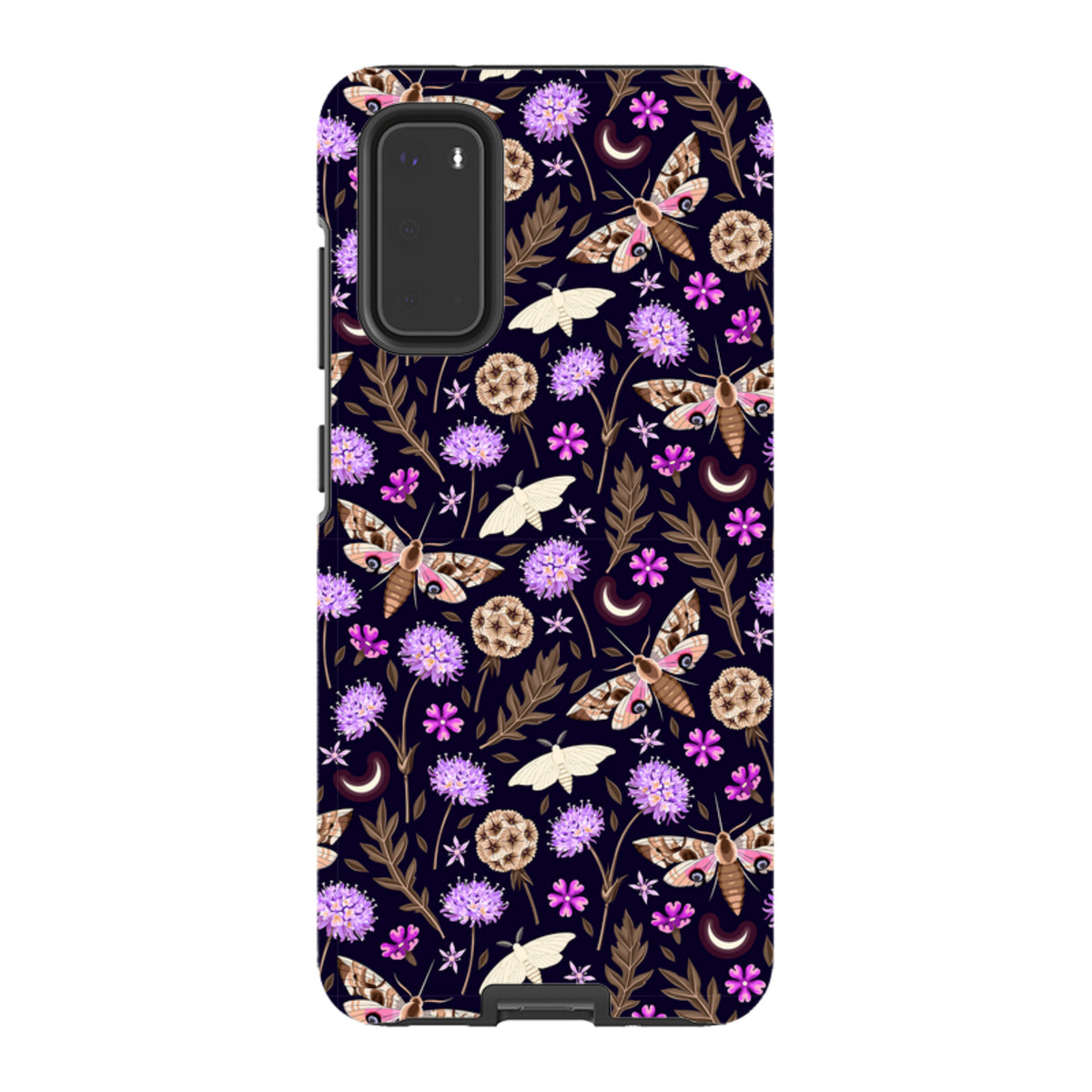 Samsung Tough Case featuring a dark floral pattern with moths, purple flowers, and crescent moons on a dual-layer shell.