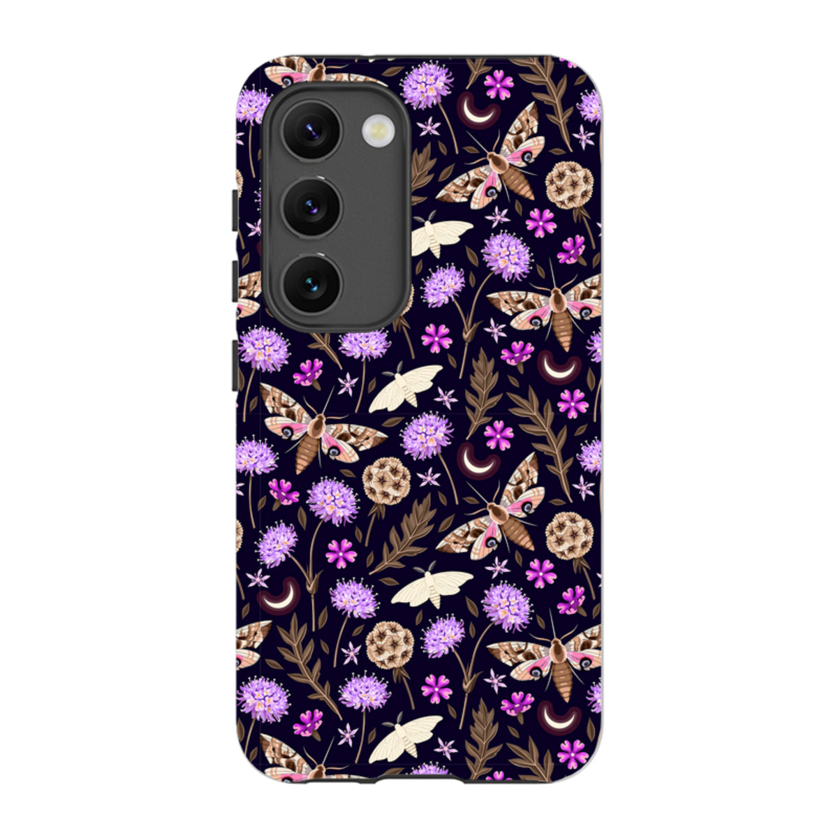 Samsung Tough Case featuring a dark floral pattern with moths, purple flowers, and crescent moons on a dual-layer shell.