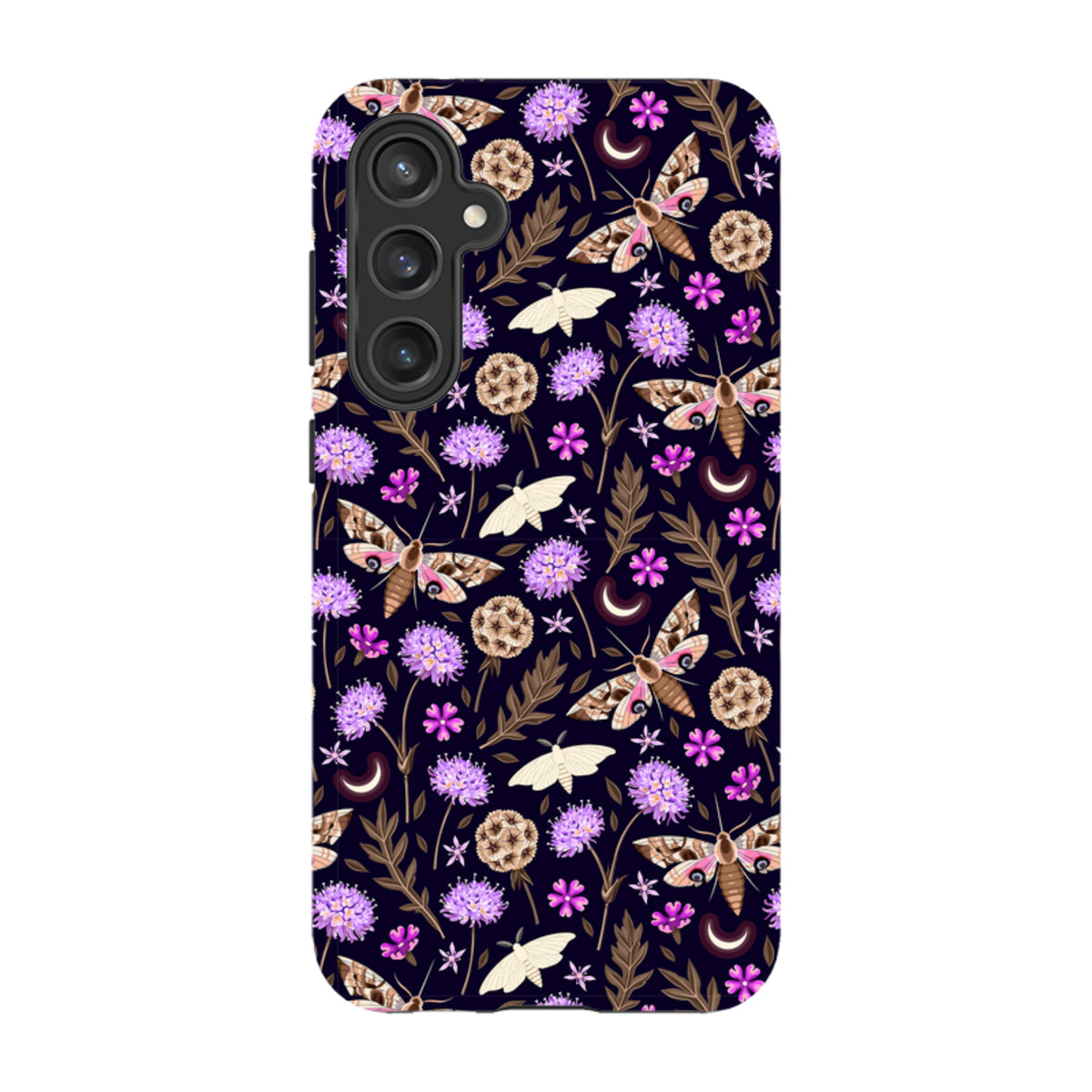 Samsung Galaxy tough case with a dark floral pattern featuring moths, purple flowers, and crescent moons.