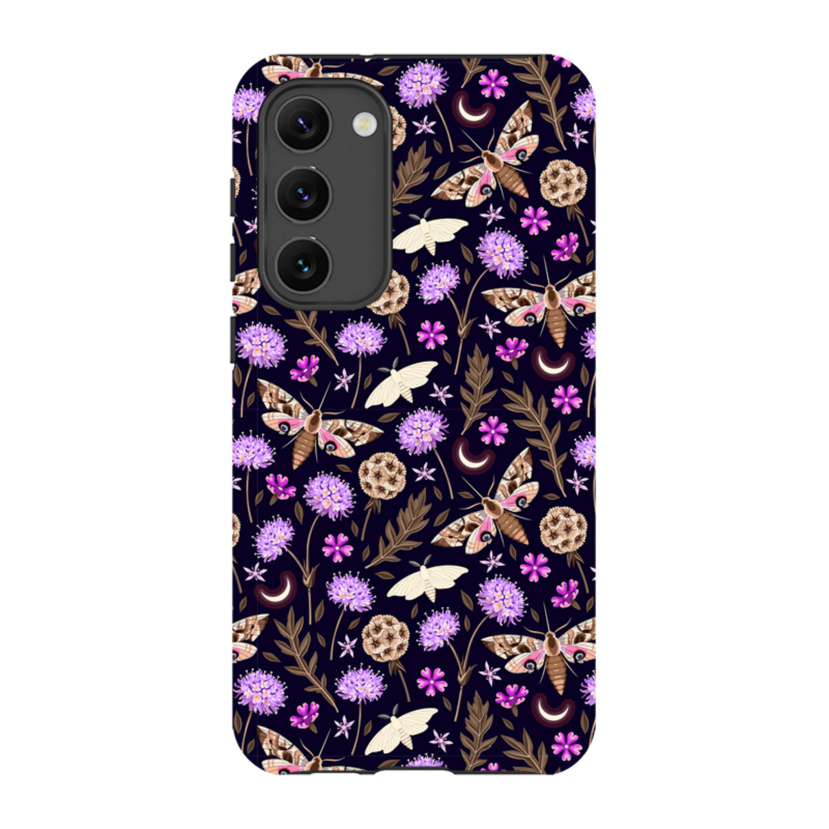 Samsung Tough Case featuring a dark floral pattern with moths, purple flowers, and crescent moons on a dual-layer shell.