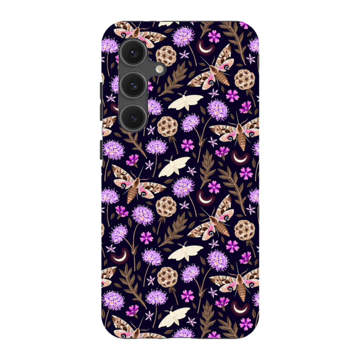 Samsung Tough Case featuring a dark floral pattern with moths, purple flowers, and crescent moons on a dual-layer shell.