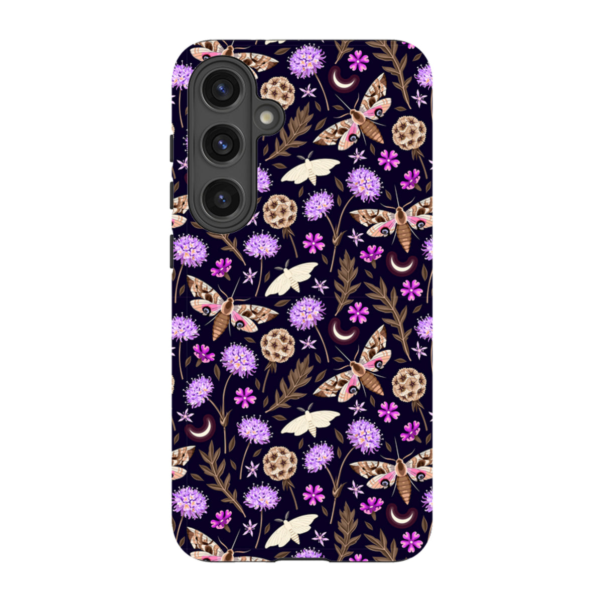 Samsung Tough Case featuring a dark floral pattern with moths, purple flowers, and crescent moons on a dual-layer shell.