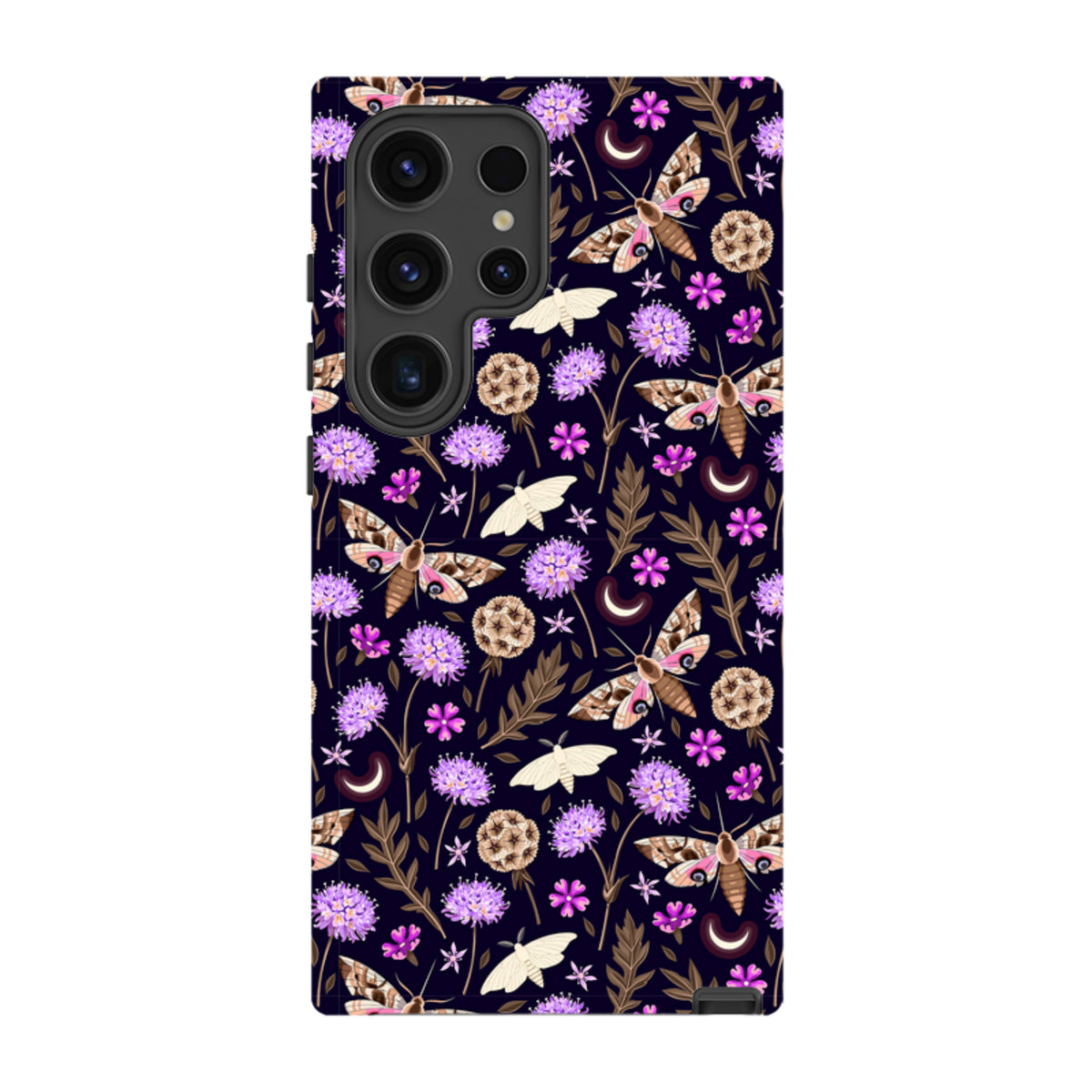 Samsung Tough Case featuring a dark floral pattern with moths, purple clover flowers, and crescent moons.