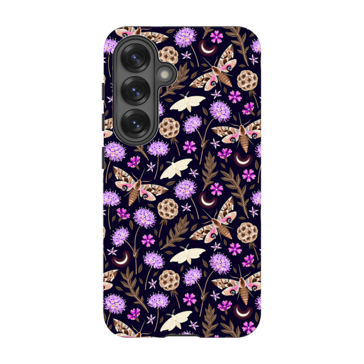 Samsung Tough Case featuring a dark floral pattern with moths, purple flowers, and crescent moons on a protective dual-layer shell.