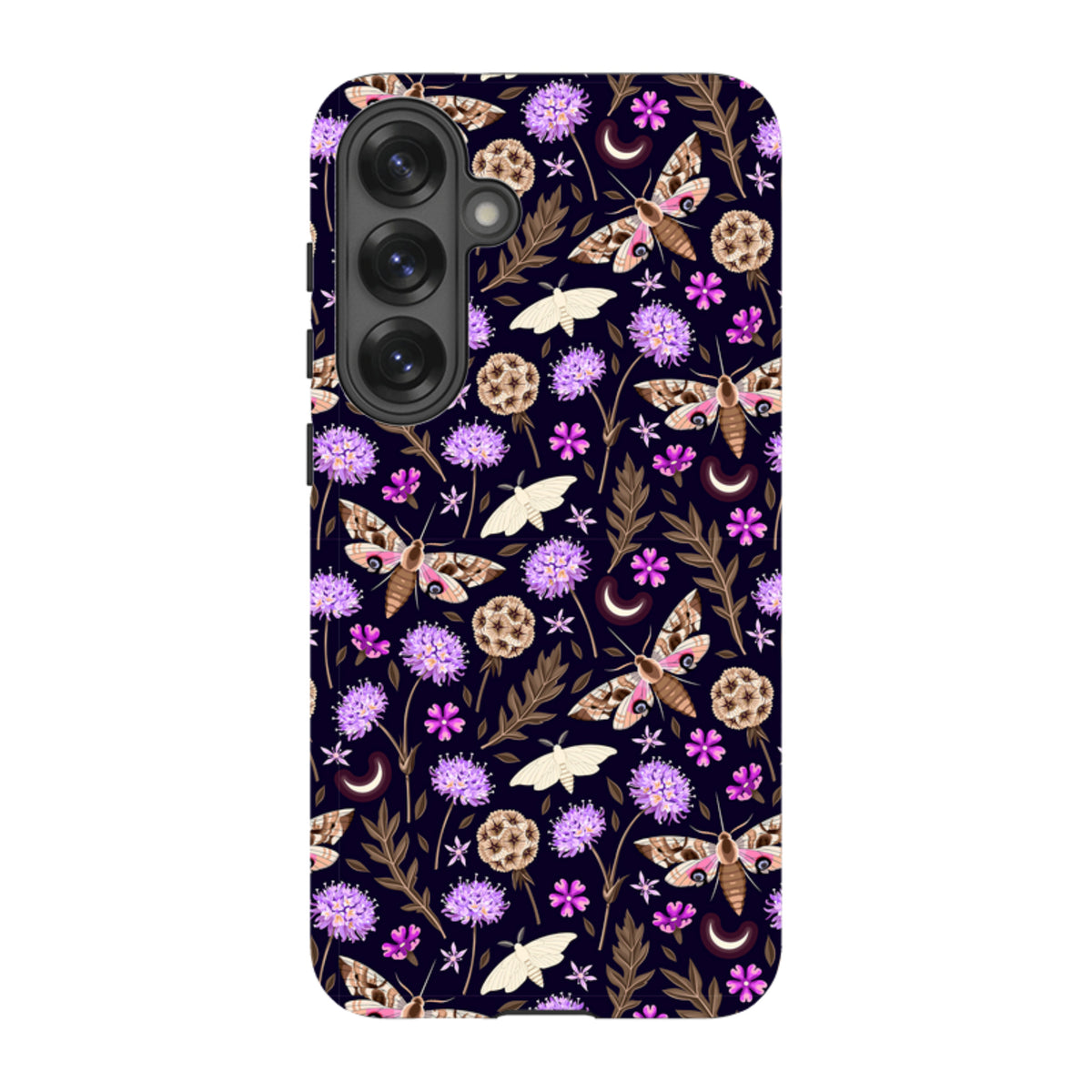 Samsung Tough Case featuring a dark floral pattern with moths, purple flowers, and crescent moons on a dual-layer shell.