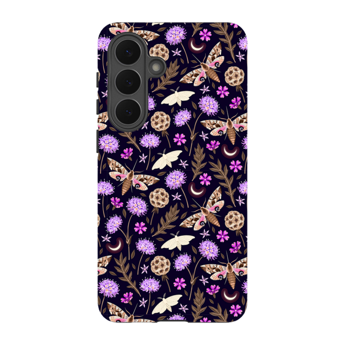 Samsung Tough Case featuring a dark floral pattern with moths, purple flowers, and crescent moons on a dual-layer shell.