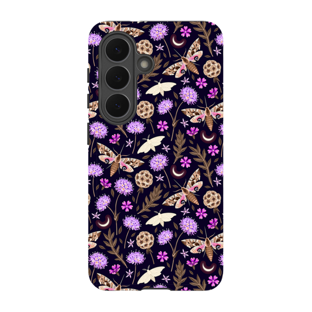 Samsung Tough Case featuring a dark floral pattern with moths, purple flowers, and crescent moons on a dual-layer shell.