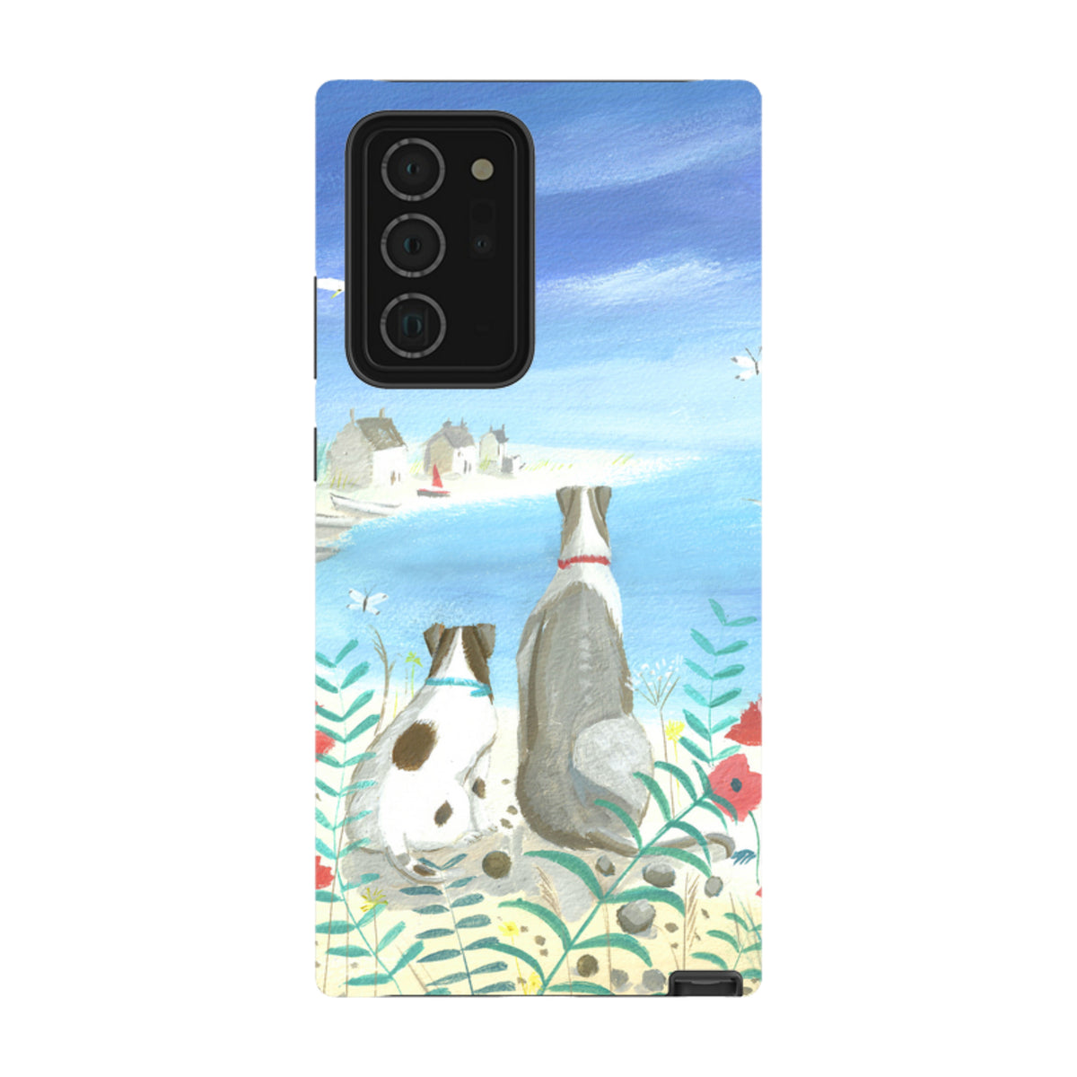 Samsung Tough Case featuring Beach Dogs artwork with two dogs looking at a coastal scene on a dual-layer phone cover.