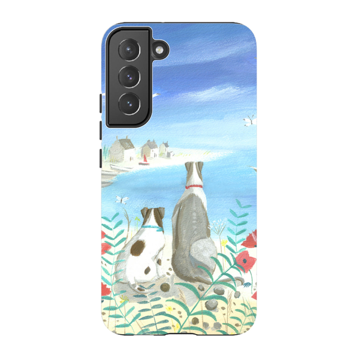 Samsung Tough Case featuring Mary Stubberfield's Beach Dogs art with two dogs looking at a coastal scene on a phone.