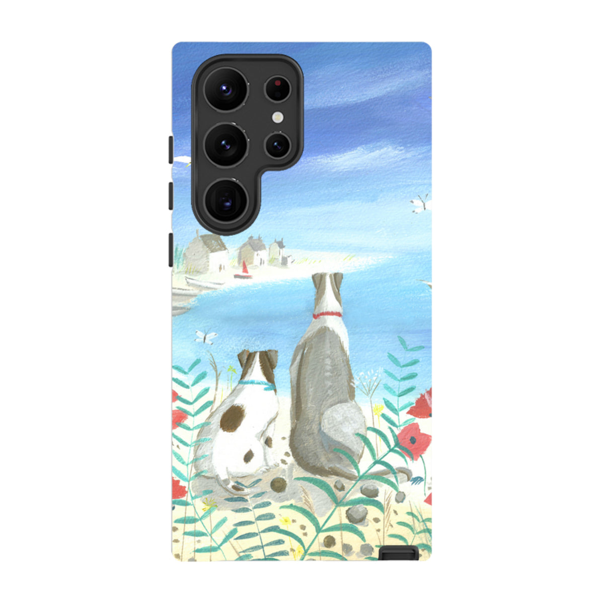 Samsung Tough Case featuring Beach Dogs artwork with two dogs overlooking a blue sea, dual-layer design for Galaxy phones.