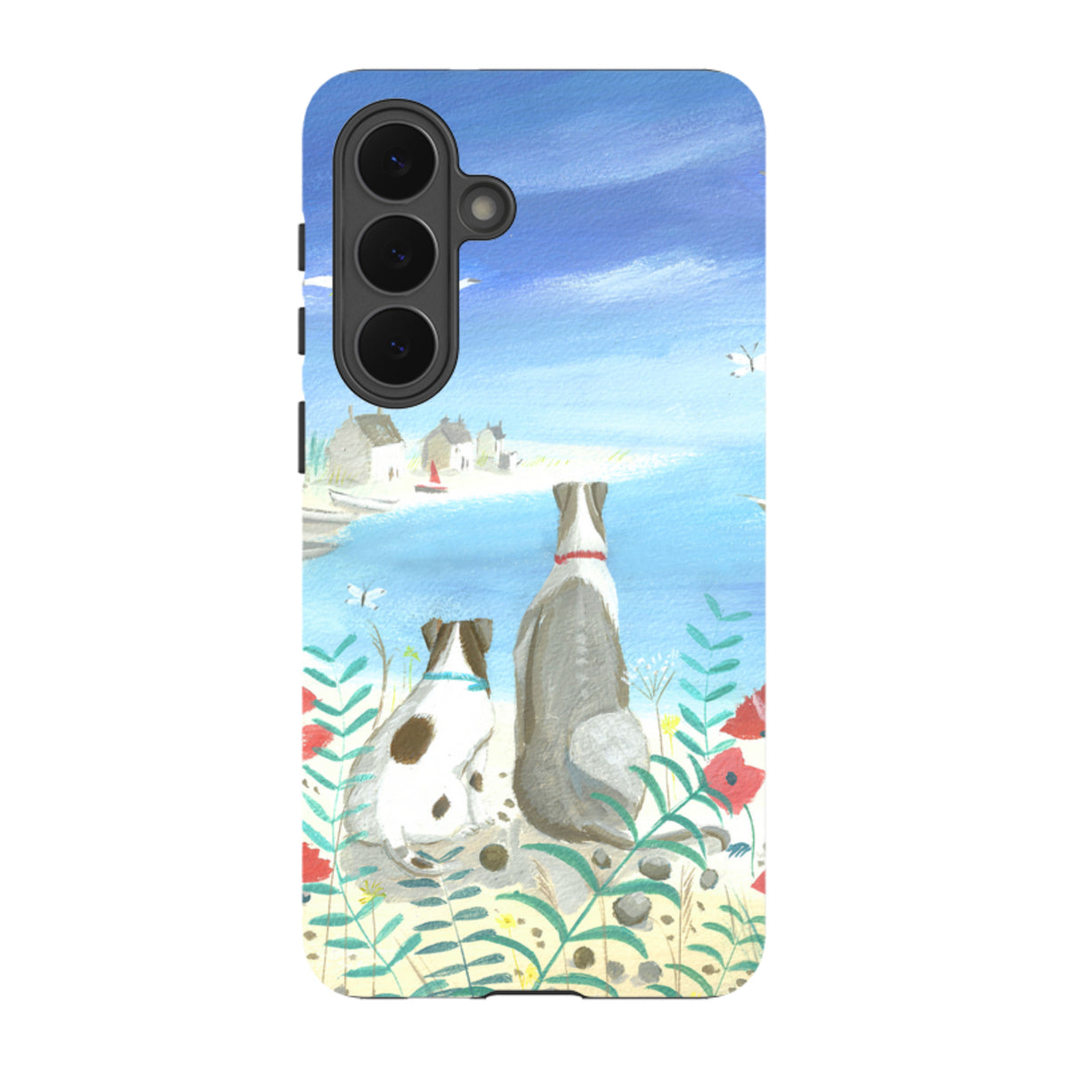 Samsung Tough Case featuring Mary Stubberfield's Beach Dogs art with two dogs overlooking a blue coastal landscape.