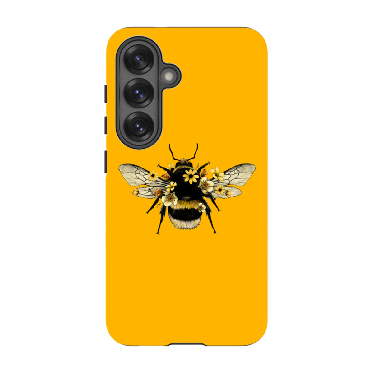 Samsung tough phone case in bright yellow featuring a detailed bee illustration adorned with small yellow flowers.