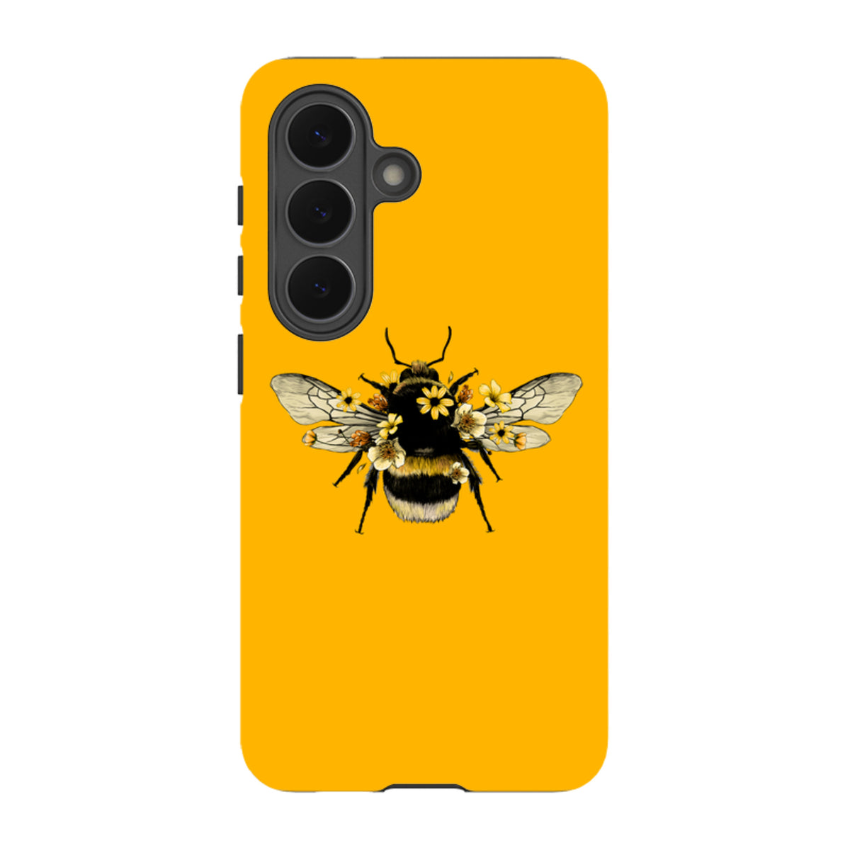 Yellow Samsung tough case featuring a detailed bumblebee illustration adorned with small yellow flowers.