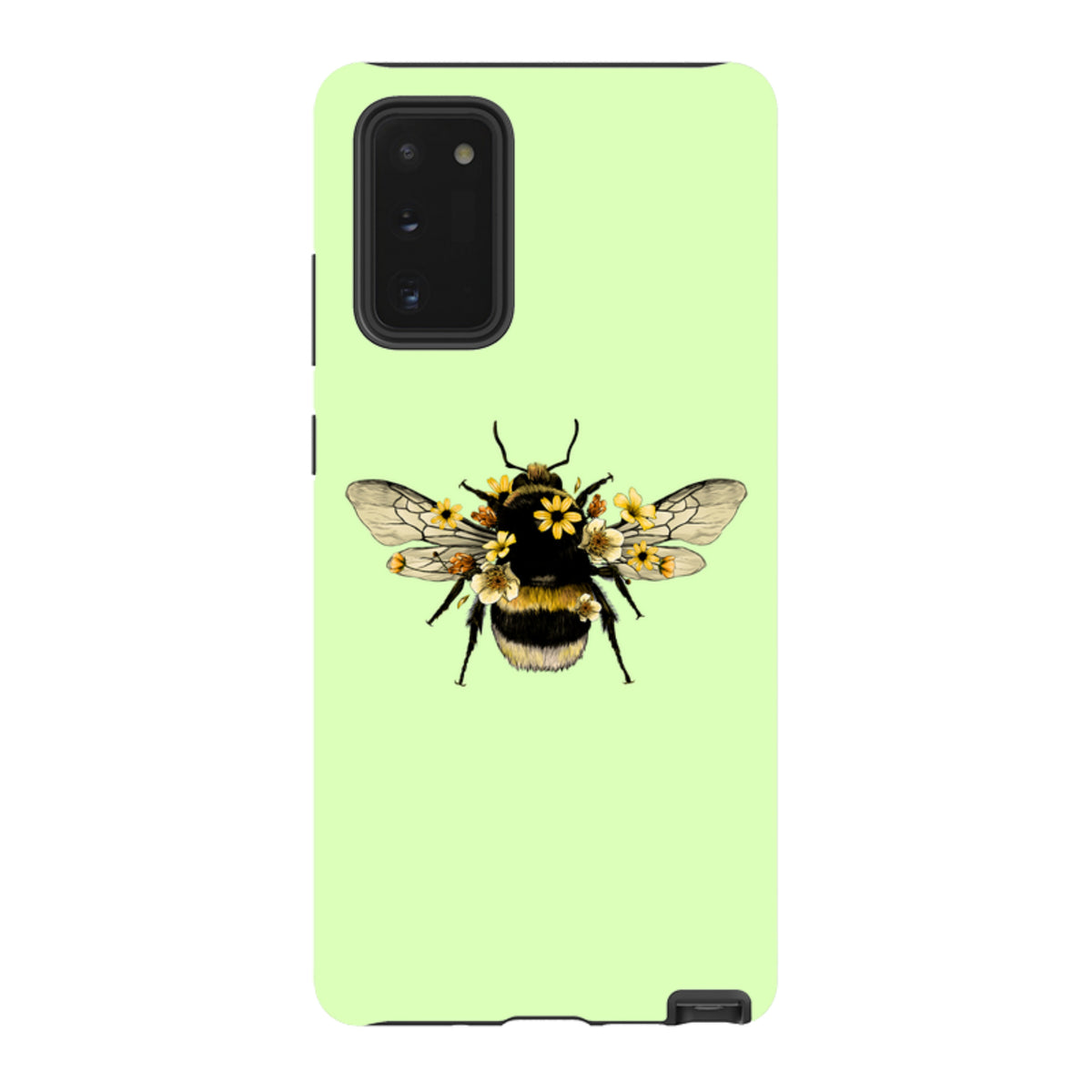 Mint green Samsung tough case featuring a detailed bee illustration adorned with yellow flowers and dual-layer protection.