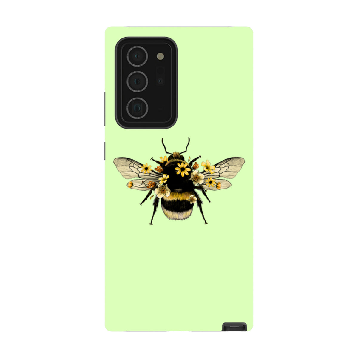 Mint green Samsung tough phone case featuring a detailed bumblebee illustration adorned with small yellow flowers.
