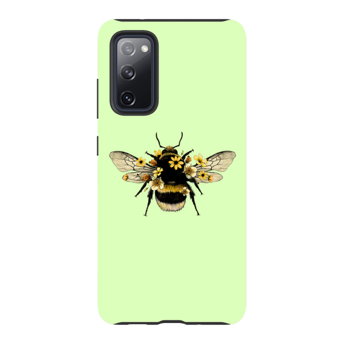 Mint green Samsung tough case featuring a detailed bumblebee illustration adorned with small yellow flowers.
