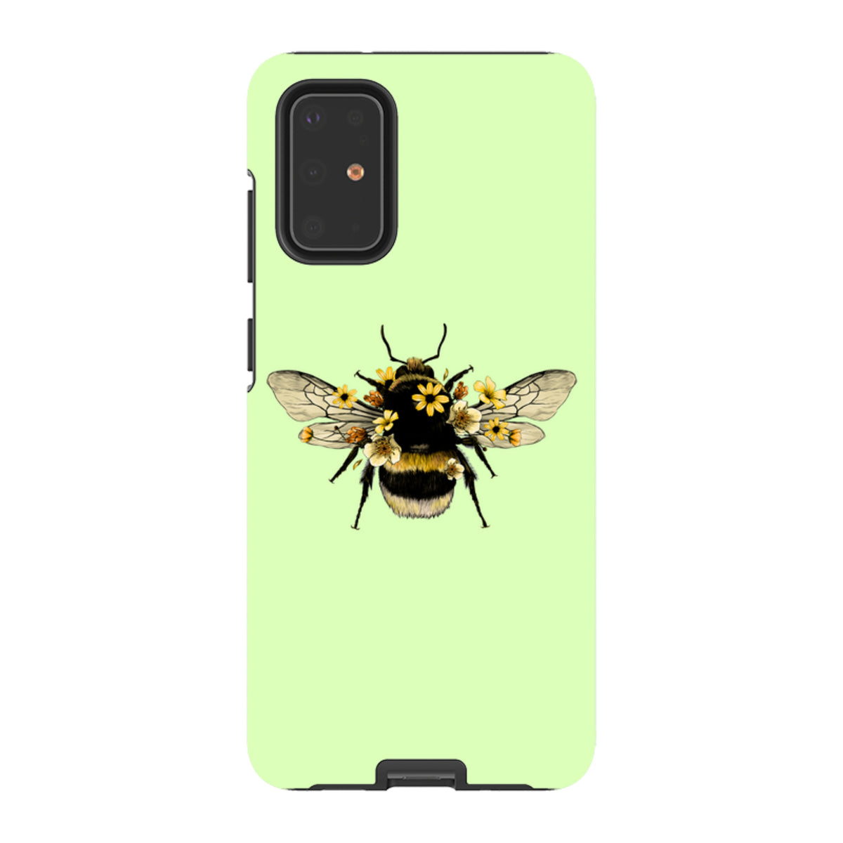 Mint green Samsung tough phone case featuring a detailed bumblebee illustration adorned with small yellow flowers.