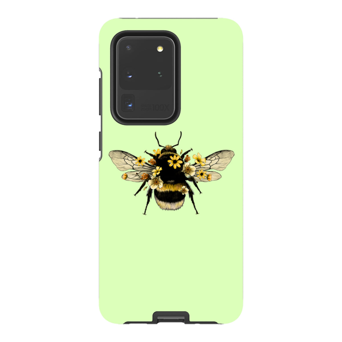 Mint green Samsung tough case featuring a detailed bumblebee illustration adorned with small yellow flowers.