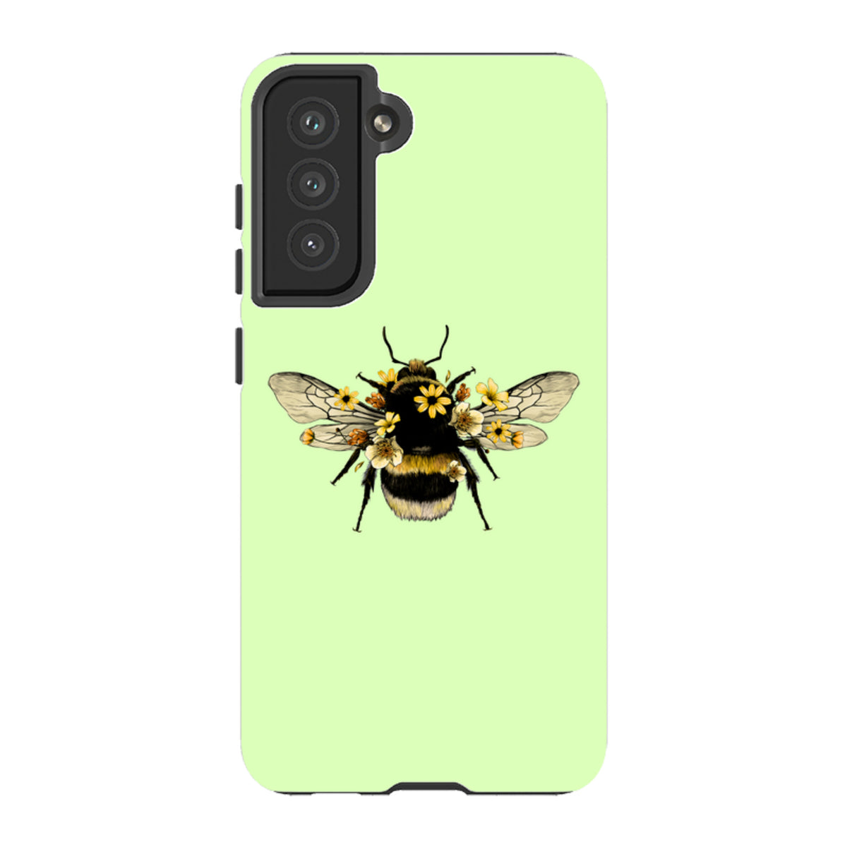 Mint green Samsung tough case featuring a detailed bee illustration adorned with yellow flowers and dual-layer protection.