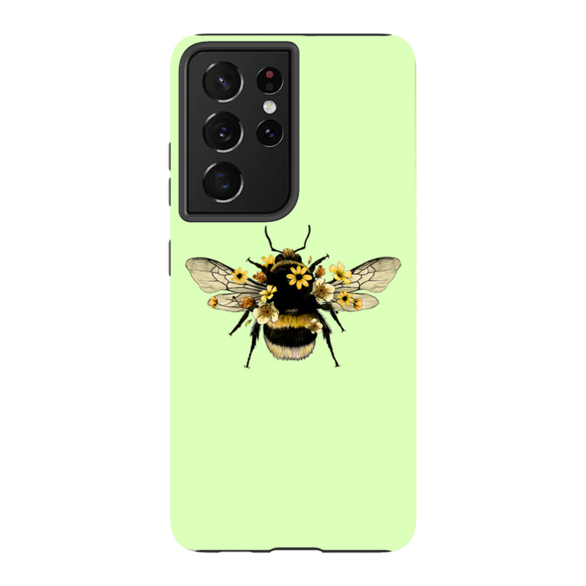 Mint green Samsung tough case featuring a detailed bee illustration adorned with yellow flowers and dual-layer protection.