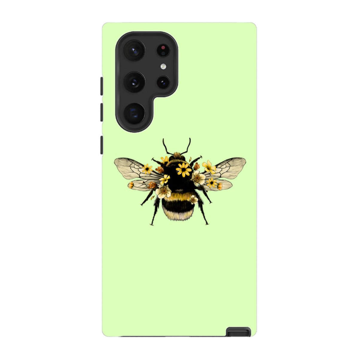 Mint green Samsung tough case featuring a detailed bumblebee illustration adorned with small yellow flowers.