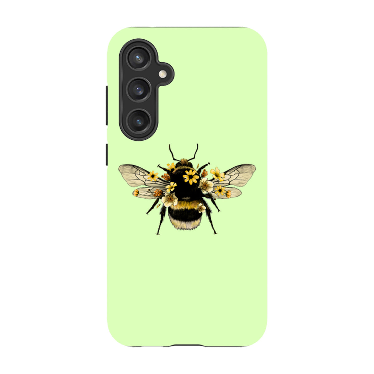 Mint green Samsung tough case featuring a detailed bumblebee illustration adorned with small yellow flowers.