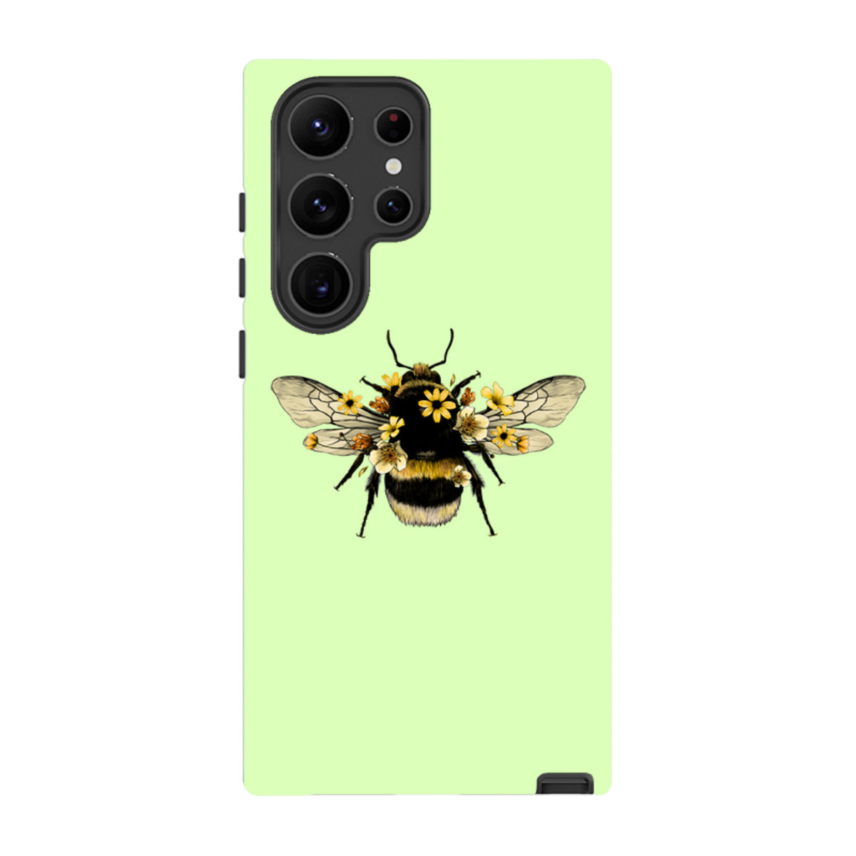 Mint green Samsung tough case featuring a detailed bumblebee illustration adorned with small yellow flowers.