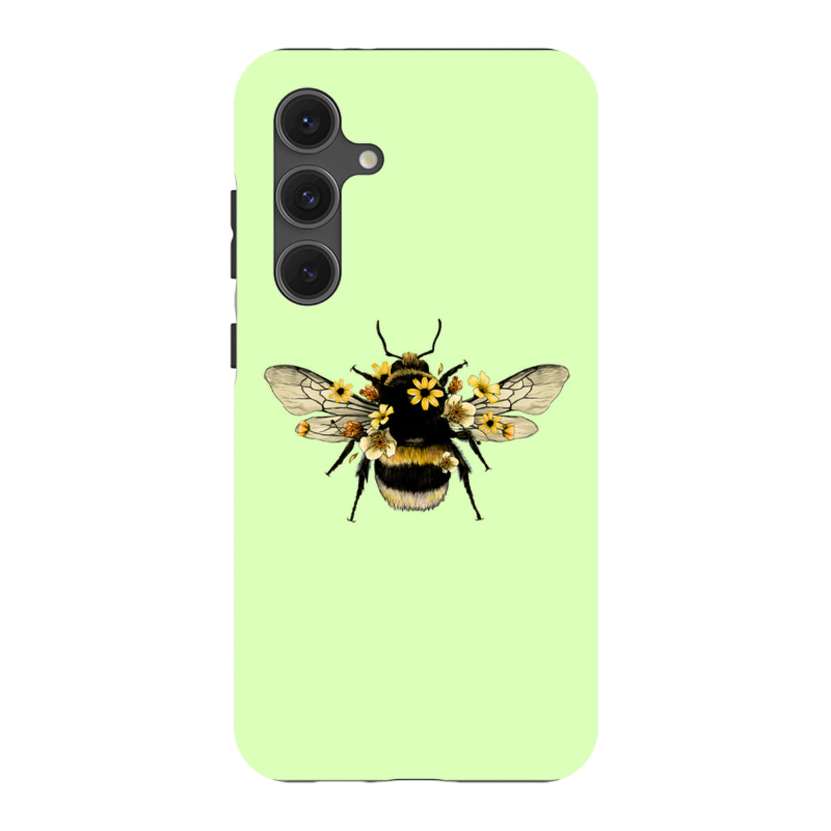 Mint green Samsung tough case featuring a detailed bumblebee illustration adorned with small yellow flowers.