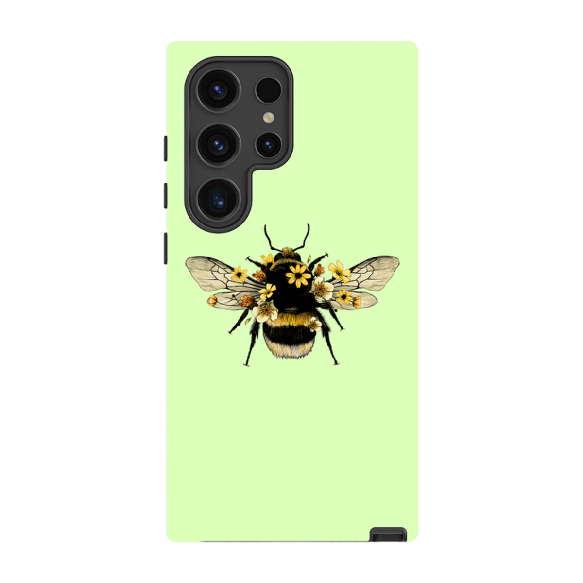 Mint green Samsung tough case featuring a detailed bumblebee illustration adorned with small yellow flowers.