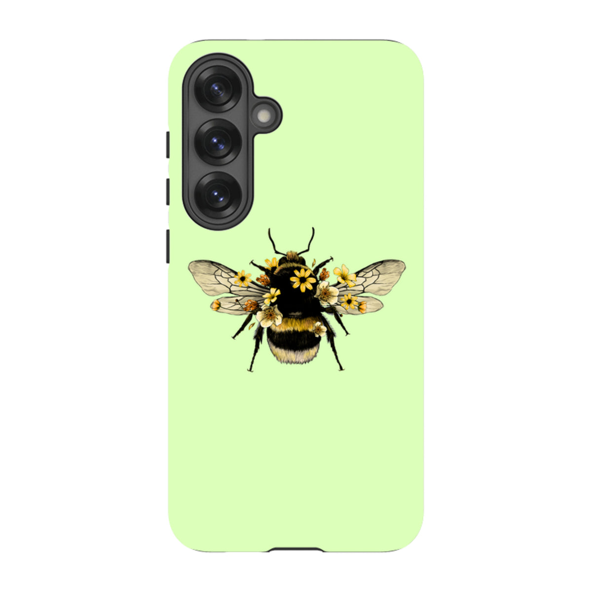 Mint green Samsung tough case featuring a detailed bumblebee illustration adorned with small yellow flowers.