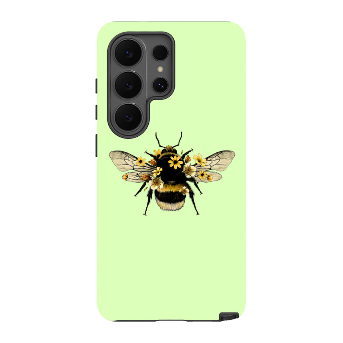 Mint green Samsung tough case featuring a detailed bumblebee illustration adorned with small yellow flowers.
